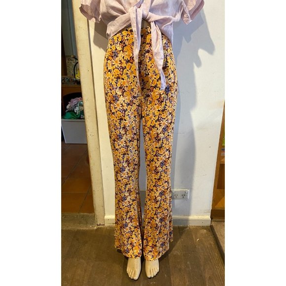 🌱 SPORTSGIRL floral retro 60's yellow flared pants hippy size XL stretch (14) - Picture 2 of 13